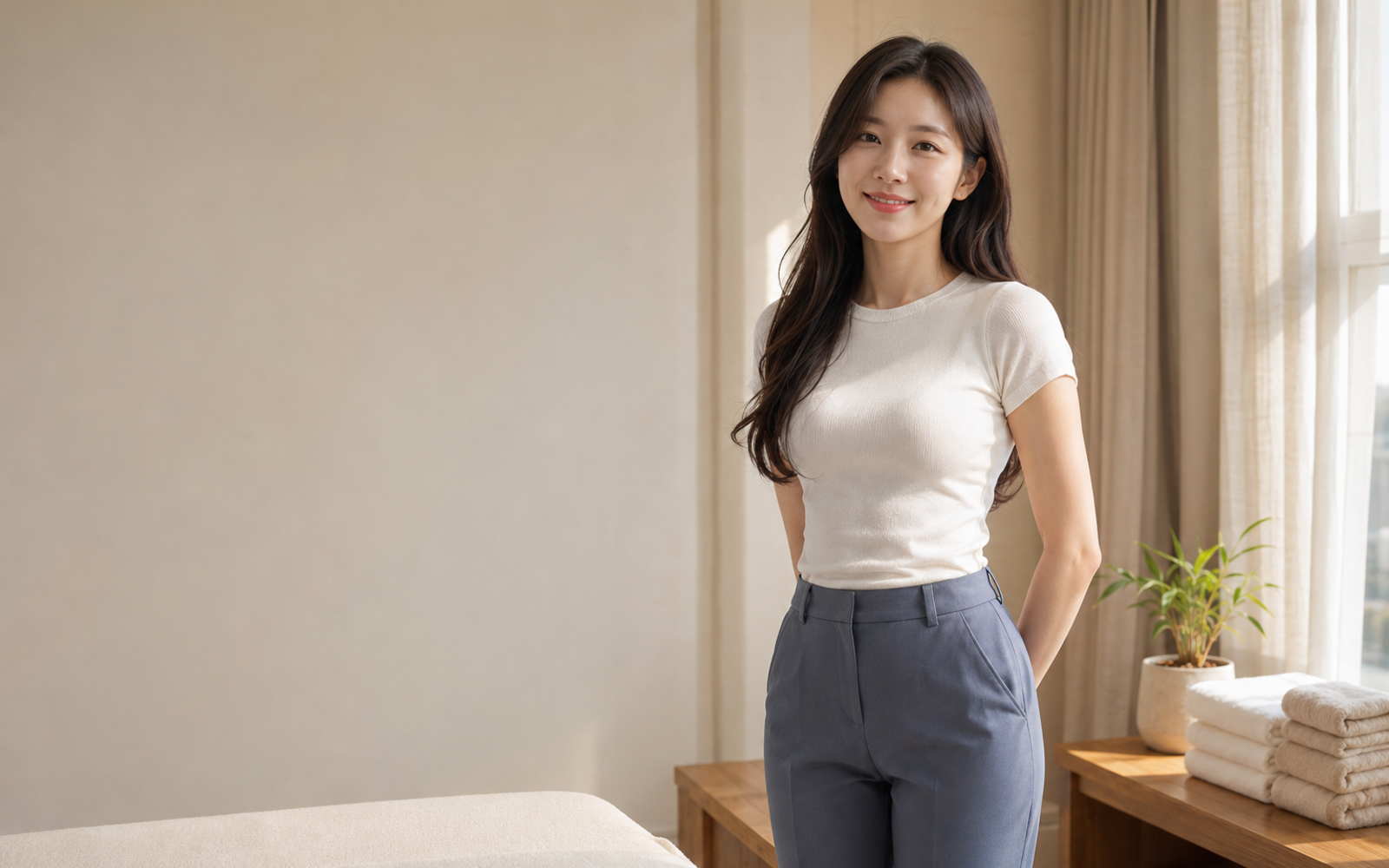 수원 방문 홈케어를 안내하는 젊은 성인 한국 여성 관리사
